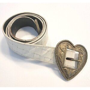 Vintage 90s Heart Buckle Leather Belt M Western Engraved Tip USA Made Y2K